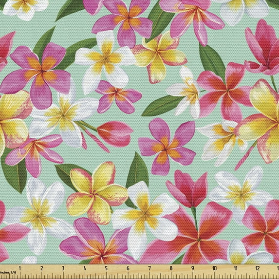 Ambesonne Plumeria Fabric by the Yard Upholstery, Exotic Watercolor Flowers, 5 Yards, Multicolor