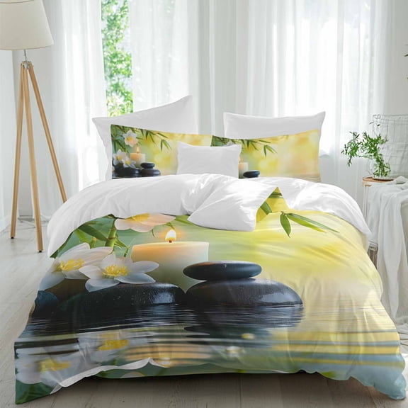 Plumeria Flower Stones Lake Zen Meditation Queen Size Bed Set,Still Life Bedding for All Seasons,4 Pcs Bed Set,1 Quiltcover(90"x92"),1 Sheet(94"x116"),2 Pillowcases(30"x20")