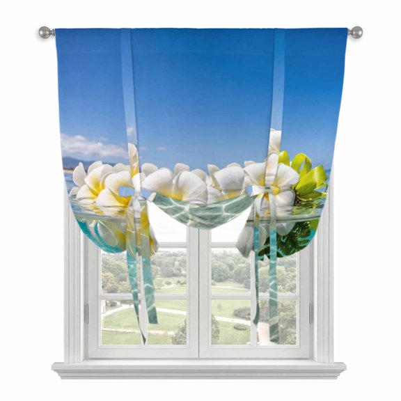 Plumeria Flower Tie Up Balloon Window Curtain 42W x 45L Inch, Summer Coastal Blue Turquoise Ocean Sea Ripple Rod Pocket Adjustable Tie Up Curtains Small Kitchen Sink Curtains for Cafe Bedroom