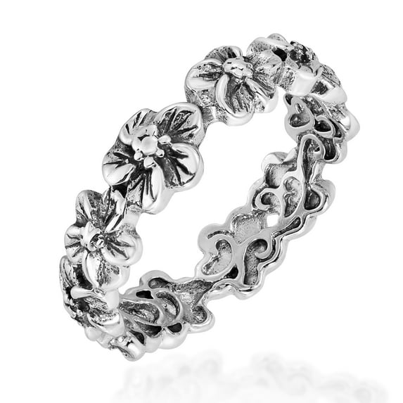 Plumeria Flowers Eternity Band .925 Silver Ring-9