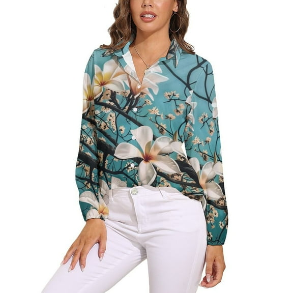 Plumeria Flowers Long Sleeve Blouse Woman Streetwear Casual Shirts Summer Oversize Woman Streetwear Clothing Birthday Present