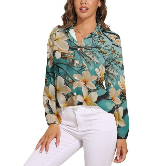 Plumeria Flowers Long Sleeve Blouse Woman Streetwear Casual Shirts Summer Oversize Woman Streetwear Clothing Birthday Present