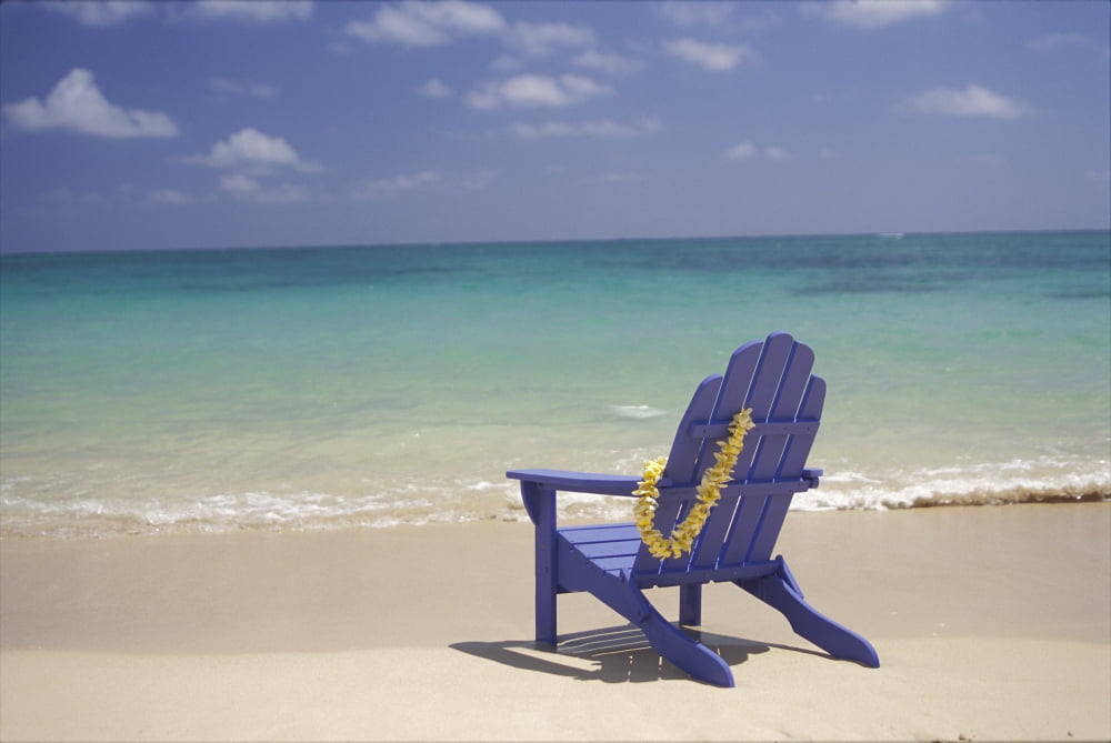 Plumeria Lei Hanging Over Blue Beach Chair Along Shoreline Canvas Art - Dana Edmunds Design Pics (19 x 12)
