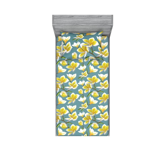 Plumeria Pattern Fitted Sheet & Pillow Sham Set, Simple Design Modern Flowers with Reduncles of Spring Print, Decorative Printed 2 Piece Bedding Decor, Twin, Mustard Cadet Blue White, by Ambesonne