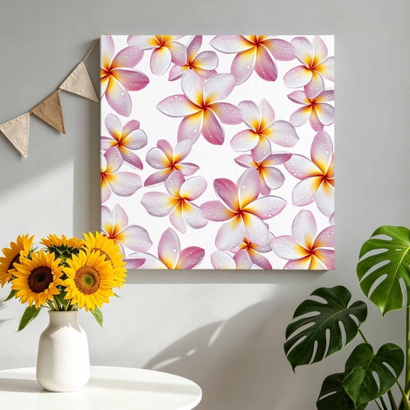 Plumeria Petals Canvas Wall Art, Rustic Minimalist Tropical Pink Yellow Flora Pictures Wall Decor Wooden Framed Artwork Art Prints for Living Room Hallway Bedroom Office 8"x8"