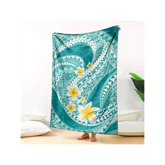 Plumeria Polynesian Blue And Green Glitter Floral Pattern Sofa Decor Cover, Living Room Couch Blanket