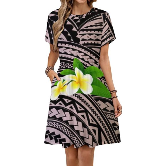 Plumeria Short Sleeve Dress Women Summer Evening Dresses Ladies Sundress