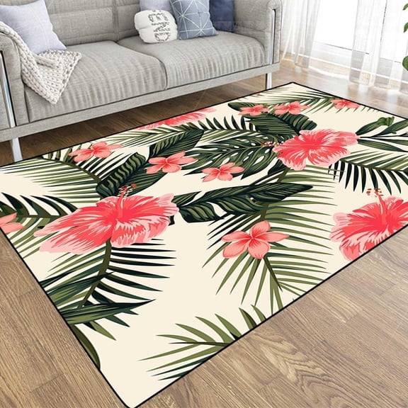 Plumeria Tropical Leaves Rug, Green Leaf Area Rugs For Bedroom,Non-Slip Living Room Throw Rug Entry Mat, Low Pile Indoor Carpet For Kitchen Bathroom Office 1x2ft