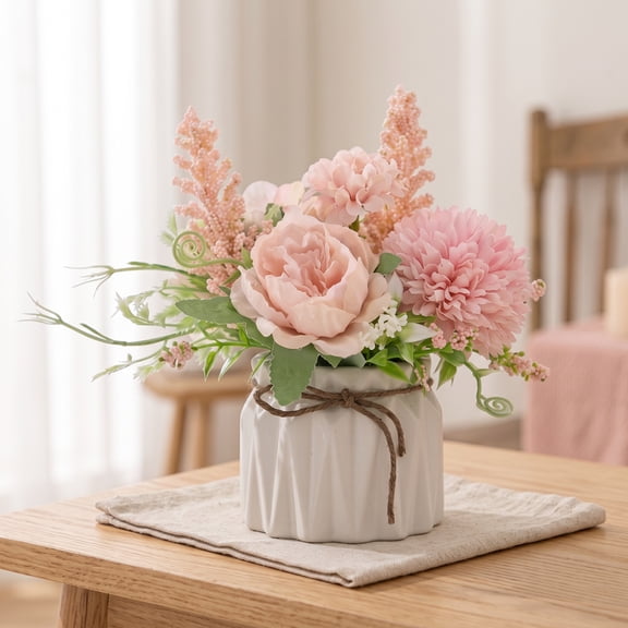 Plumilo Artificial Potted Flowers Pink, Small Ceramic Pot Faux Hydrangea Plant, Fake Flower Decoration for Home Office Bookshelf Bedroom Living Room