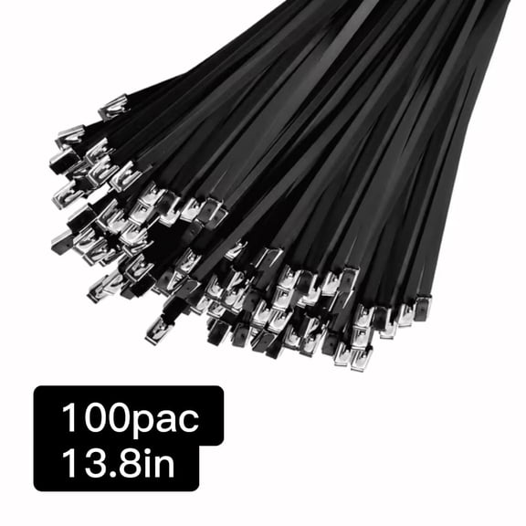 Plumilo Black Metal Zip Ties 100 Pack, Heavy Duty Stainless Steel Cable Ties for Outdoor Use, Self Locking Wire Ties, 13.7 Inch