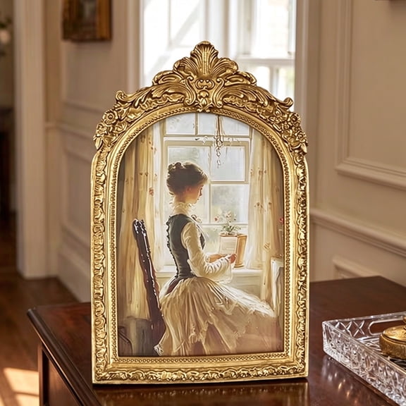 Gold Frame 4x6, Vintage Picture Frame, Decorative Resin Photo Frame for Home Office Bedroom Wall