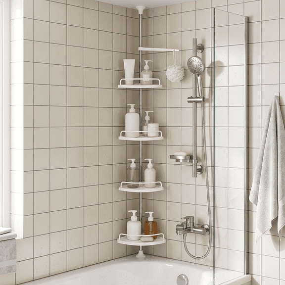 Plumilo Shower Caddy, Telescopic Corner Shower Organizer with 4 Adjustable Shelves, No Drilling Shower Shelf for Inside Shower, Stainless Steel Bathroom Storage Rack, White