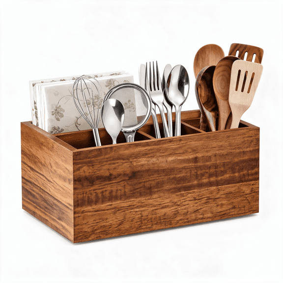 Plumilo Utensil Holder for Kitchen Counter, Wooden Silverware Organizer with 4 Compartments, Cutlery Caddy for Party Dining Table BBQ Picnic, Solid Wood Storage Holder