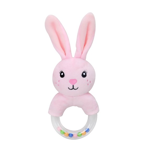 Plumora Baby Rabbit Hand Rattle Toy - Musical Plush Rabbit Ring Rattle, Stroller and Car Seat Hanging, Crib Toys, Soft Stuffed Animal for Girls & Boys, Promotes Auditory Skills.