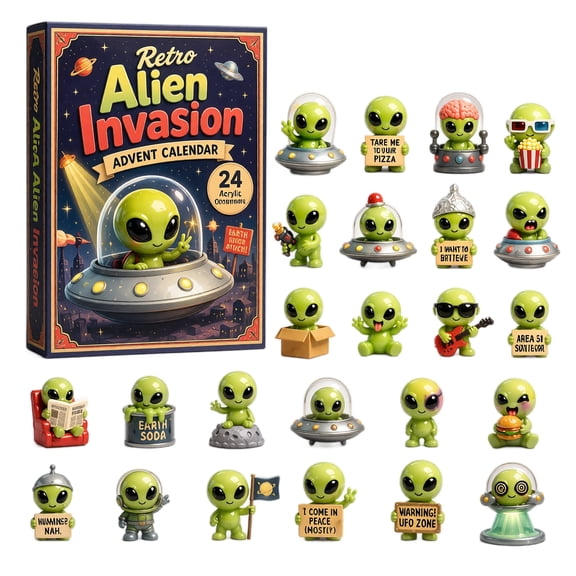 Plumora Christmas Advent Calendar 2026 – 2D Acrylic Retro Alien Invasion Mystery Boxes Hanging Ornament Set, Advent Calendar for Adults, Holiday Tree Decor