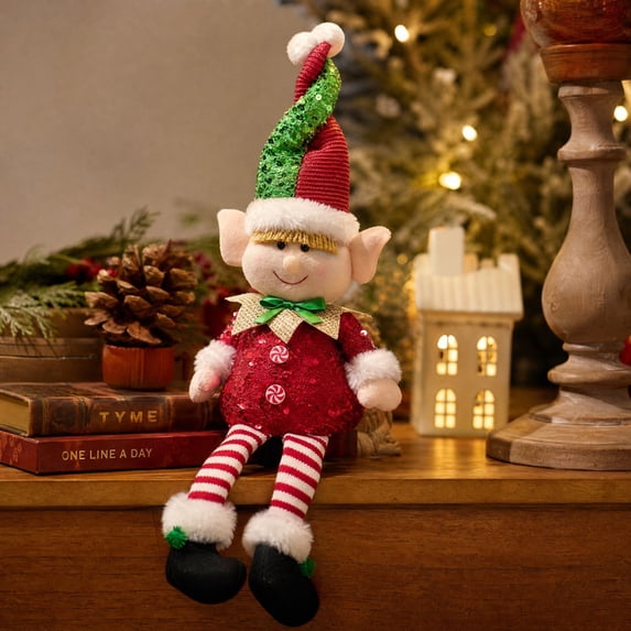 Plumora Christmas Long Legs Sitting Elf with Light - Cute Plushies for Tabletop, Stuffed Animal Decor for Shelf Mantel, Festive