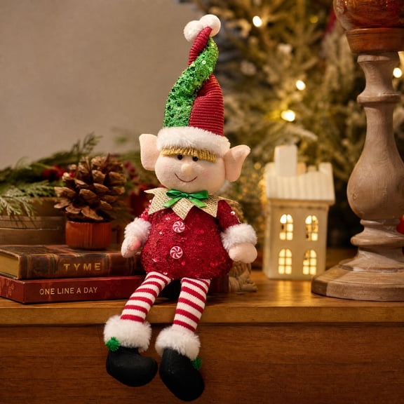 Plumora Christmas Long Legs Sitting Elf with Light - Cute Plushies for Tabletop, Stuffed Animal Decor for Shelf Mantel, Festive