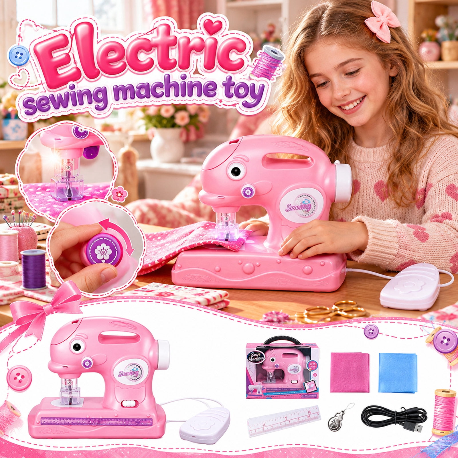 Simple Machine Fun Crafts Plumora Kids Sewing Machine - Mini Interactive Toy for Girls Pretend ...