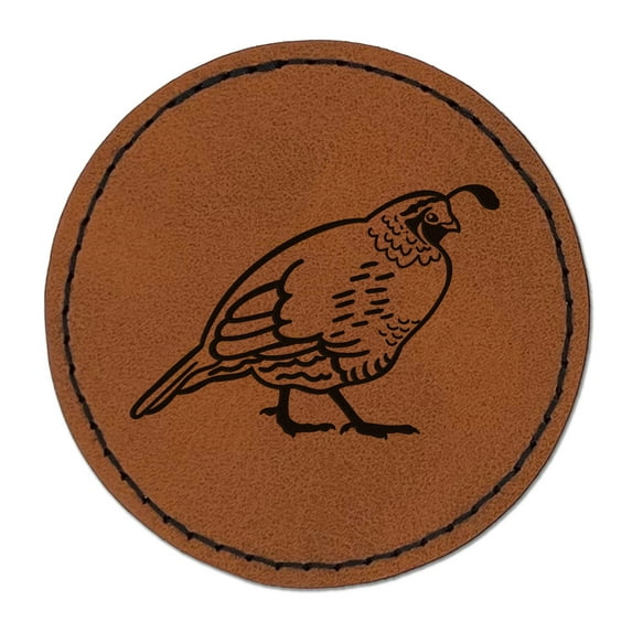 Plump California Quail 2.5" Faux Leather Round Engraved Iron-On Patch - Brown