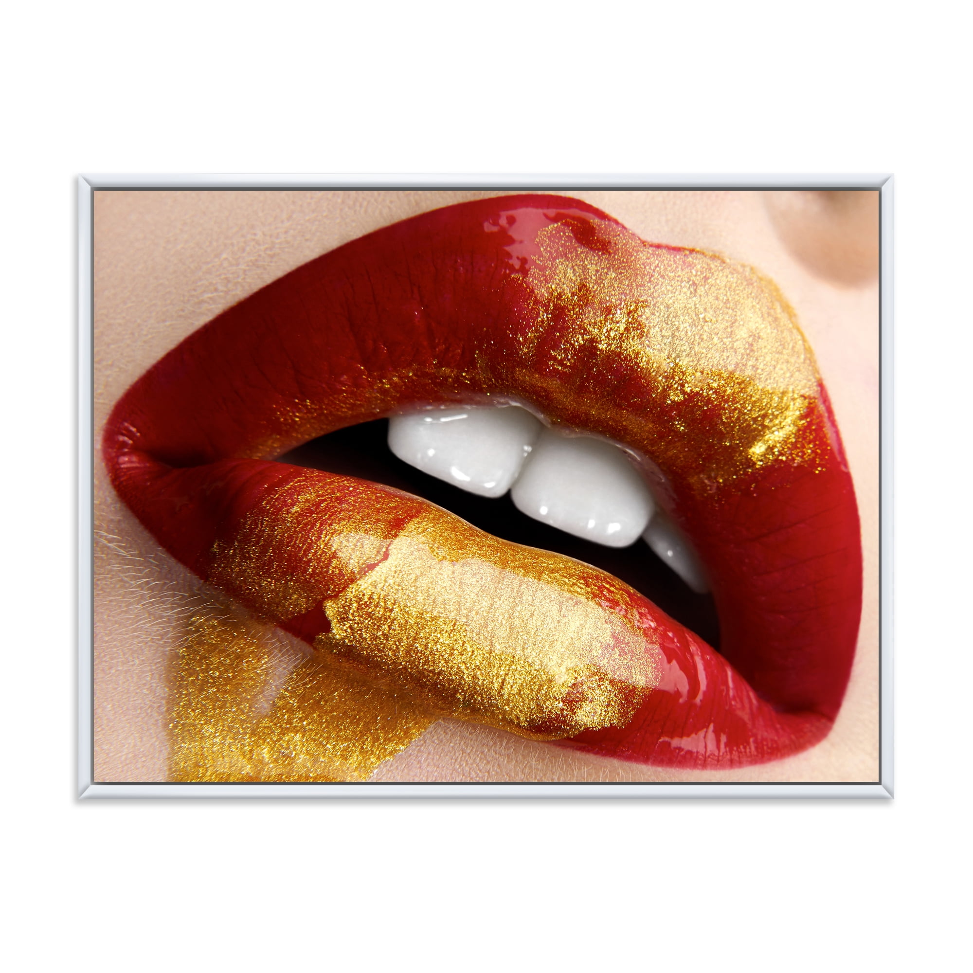 Plump Woman Lips With Gold and Red 32 in x 16 in Framed Photography Canvas Art Print, by Designart