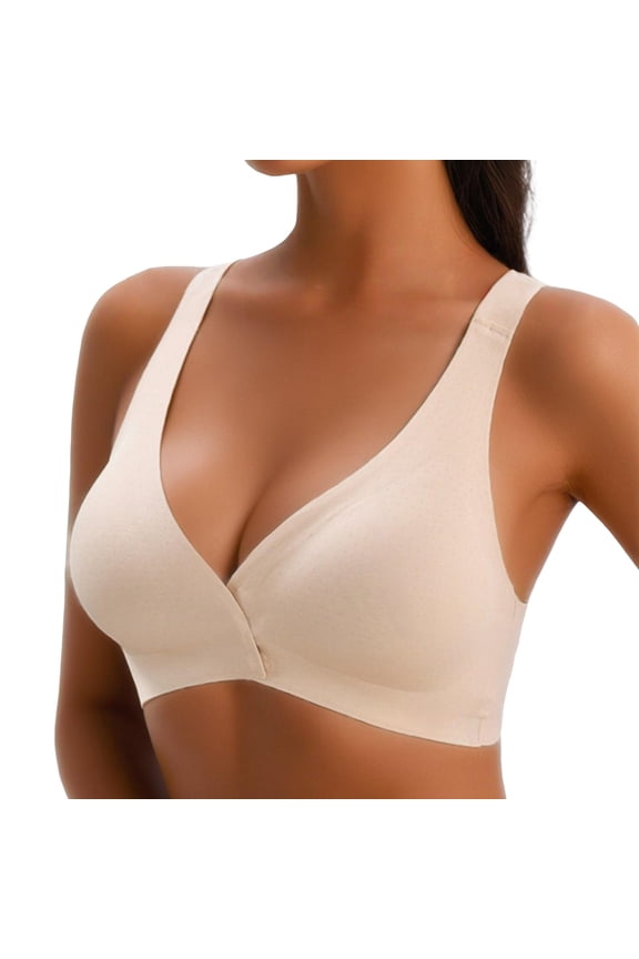 Plunge Bra, Comdrip Womens Front Closure Bra Racerback Plus Size Unlined Underwire Full Coverage Bras Womens Bras Wireless Support Bra Beige XL