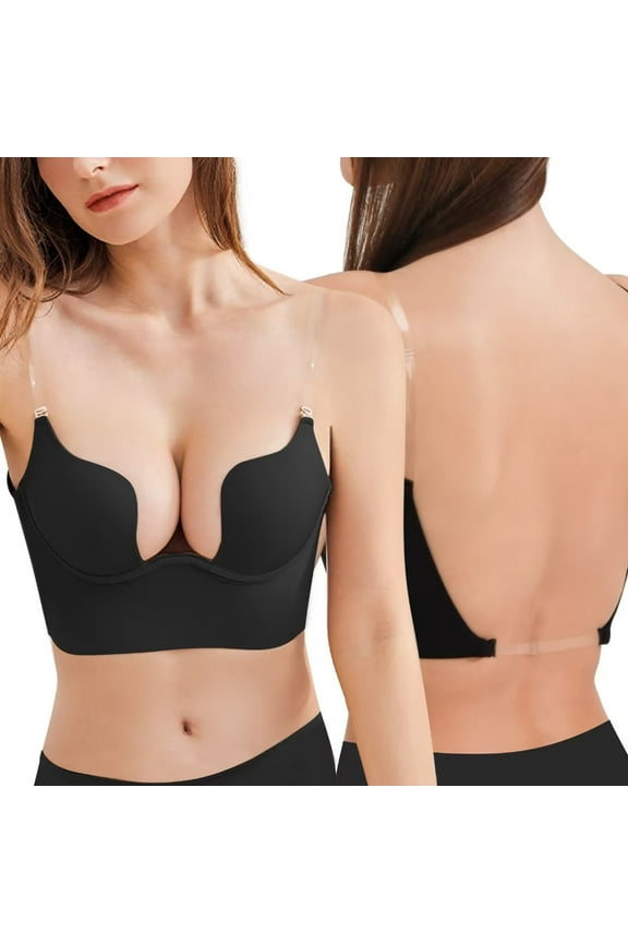 Plunge Bra with Clear Back Straps Backless Deep V Padded Low Cut Underwire for Women
