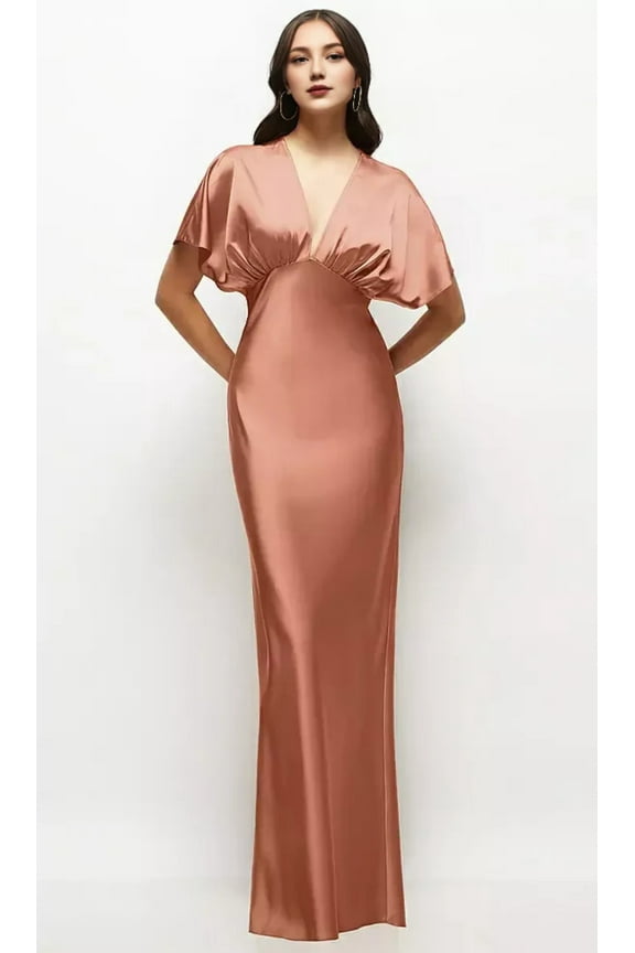 Plunge Neck Kimono Sleeve Satin Bias Maxi Dress Long Bridesmaid Dresses