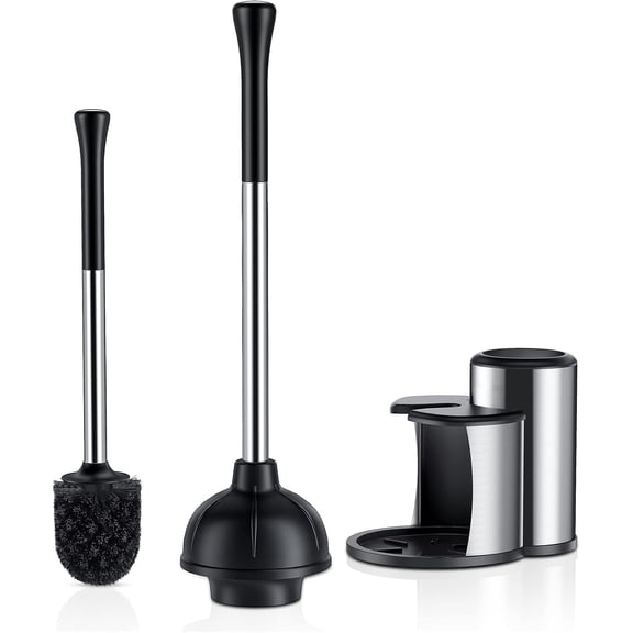 Plunger and Bowl Brush Set: 2 in 1 Stainless Steel Heavy Duty Plunger with Holder Combo for Bathroom Cleaning - Modern Hideaway Bathroom Accessories with Stand
