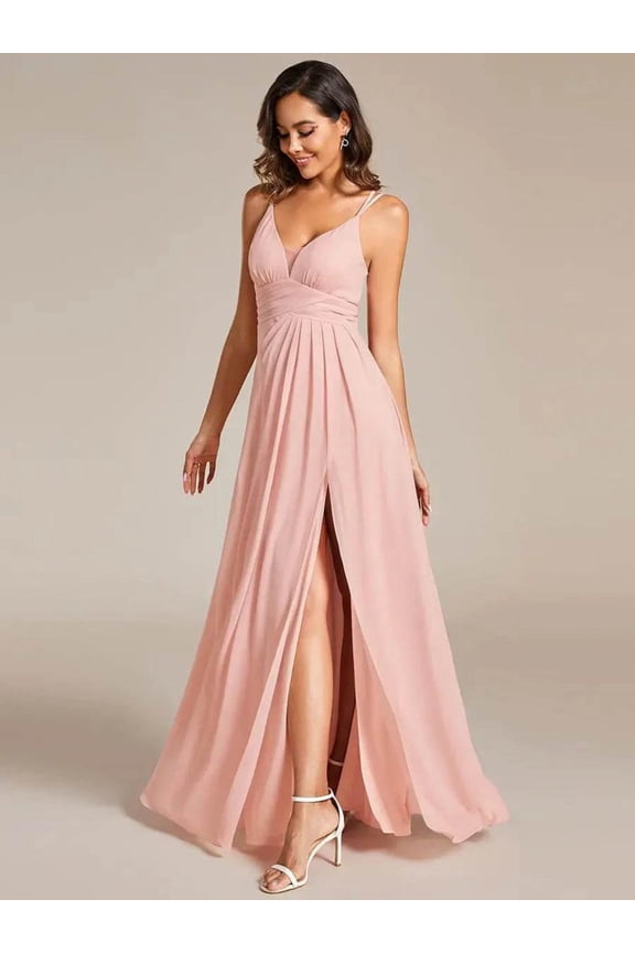 Plunging Neck Dresses Back X-Cross With Spaghetti Strap and Split - Rosa Apparel