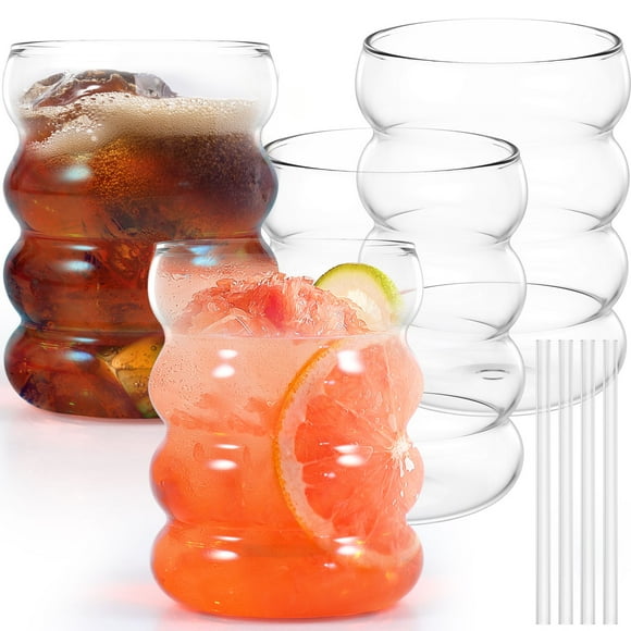 Tzgsonp 10oz Ripple Drinking Glasses with Straws, 4 Pack Ripple Glass Cups Bubble Glass Tumblers Glassware Set for Cocktail Soda Juice