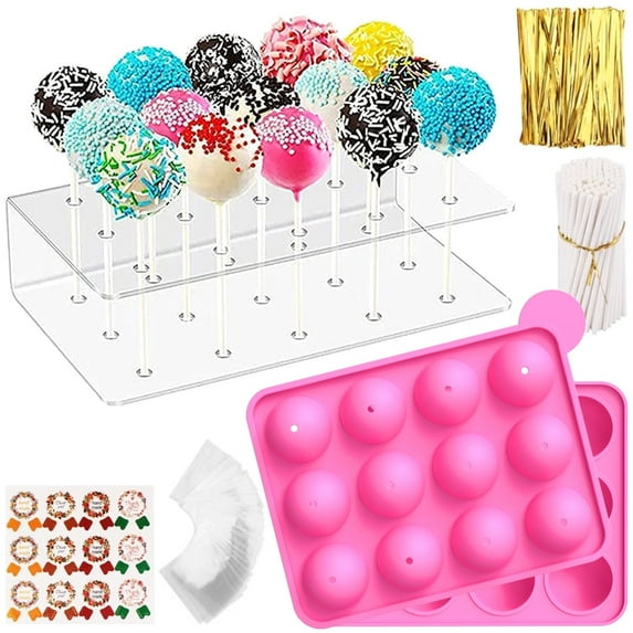 Pluokvzr 12-Cavity Counts Nonstick Cake Pop Maker with Acrylic Lollipop Holder, Pink