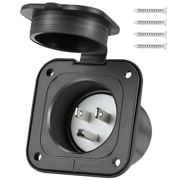 RV Shore Power Inlet Plug 15A 125V - NEMA 5-15 Flange Socket With 15 Inch Cable & Waterproof Cover