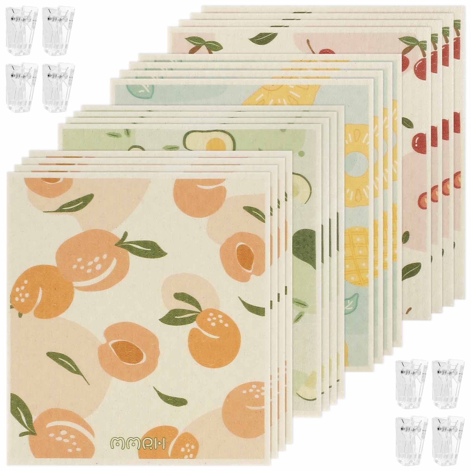 Reusable Paper Towels and Swedish Dishcloths for Kitchen, 16 Pack Cellulose Sponge Cloths with 8 Clips, Odor Free Dish Rags