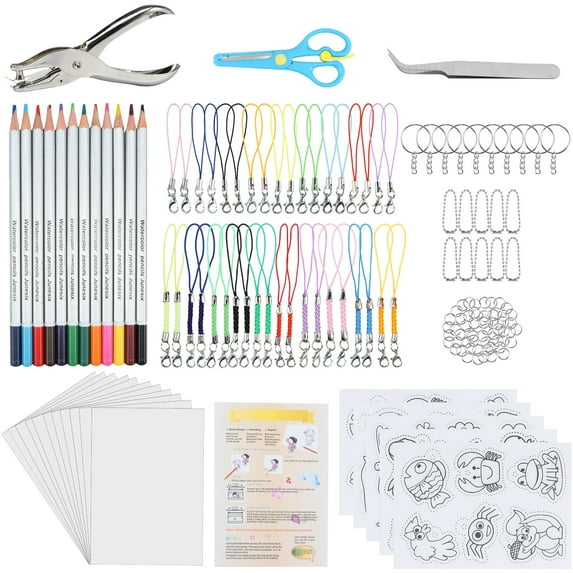 Pluokvzr 200pcs Heat Shrink Plastic Sheet Kit Shrinky Art Keychain Kit with 25 Sheets Shrink Plastic Sheet Key Rings Colored Pencils Creative Shrinky Craft Making Kit for Kids Key Rings Jewelry
