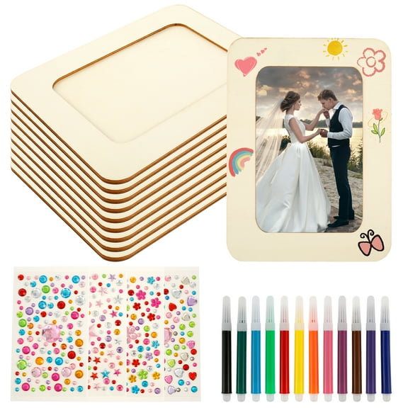 Pluokvzr 24pcs Picture Frame Painting Craft Kit 7.48x 5.51inch DIY Wooden Photo Frame Paintable Includes Stickers Colored Pencil Unfinished Photo Frames for Kids School Classroom Art Painting DIY