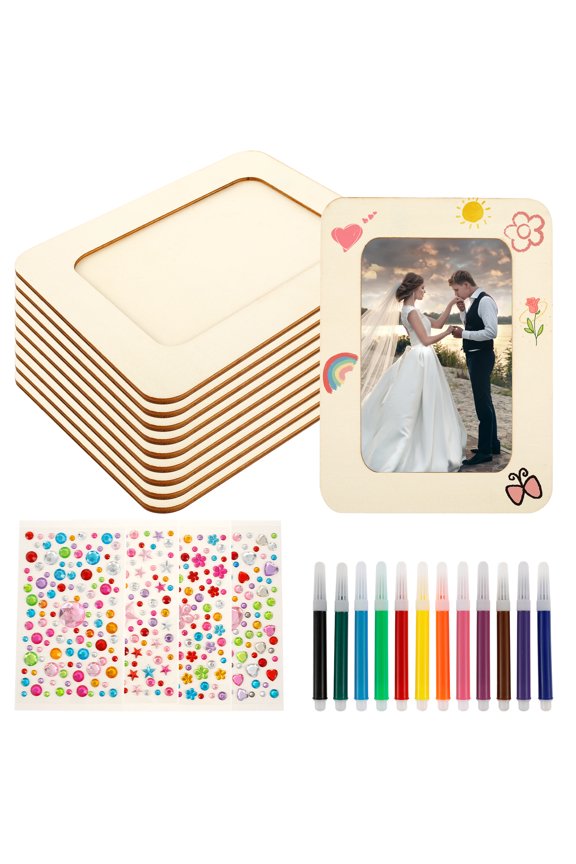 24pcs Picture Frame Painting Craft Kit 7.48x 5.51inch DIY Wooden Photo Frame Paintable Includes Stickers Colored Pencil Unfinished Photo Frames for Kids School Classroom Art Painting DIY