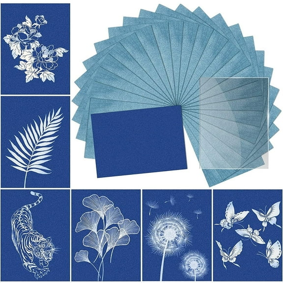 Pluokvzr 24pcs Sun Print Paper Kit with Acrylic Panel 5.8x8.3" A5 Sun Printing Art Paper Sensitivity Nature Printing Paper Solar Activated Cyanotype Papers for Kids Adults DIY Crafts