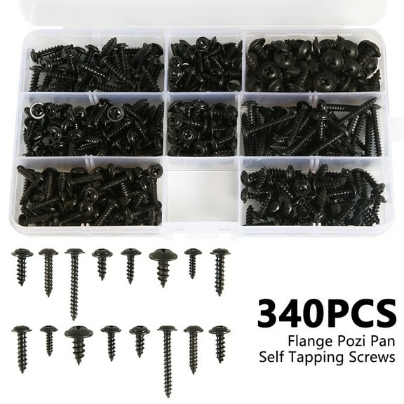 Fznkrag 340Pcs Flange Self Tapping Screws, Small Multi-Purpose Bolt Cross Head Black Assorted Set in a Compartment Box