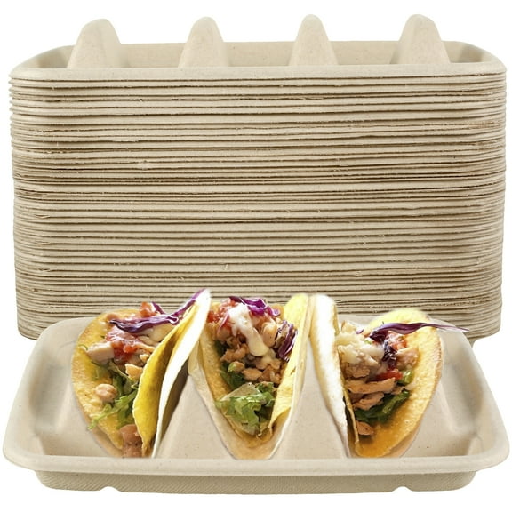 Pluokvzr 50pcs Taco Plates Reusable 3 Compartments Taco Serving Plates Stackable Taco Tray Holder No Mess Taco Plates Keeps Your Tacos Upright Microwave Safe for Taco Pita Bread Party