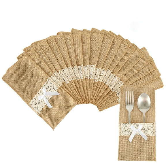 Grusce 60 Pcs Burlap Cutlery Holder Natural Hessian Lace Utensil Holders Jute Lace Knife Forks Pocket Bags Vintage Tableware Cover for Wedding Party Christmas Table Setting Decorations