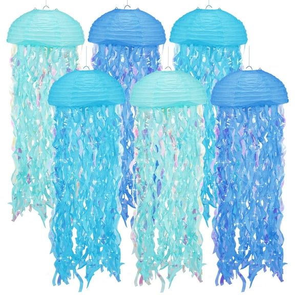 Pluokvzr 6pcs Jellyfish Paper Lantern Set Gradient Colorful Jellyfish Hanging Lantern Decorative Blue Purple Pink Mermaid Theme Paper Lamp Reusable Sea Party Paper Lantern for Birthday Party