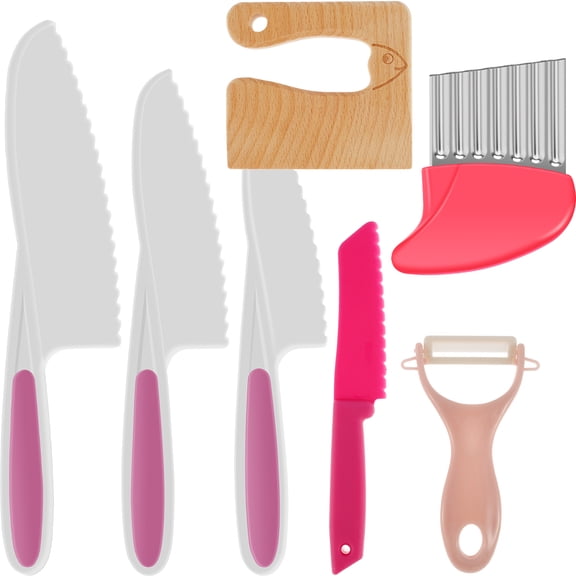 Fznkrag 7Pcs Kids Plastic Kitchen Knife Set, Safe Reusable Plastic Toddler Kitchen Cutter Set with Wooden Cutter Serrated for Cutting Fruit Vegetable Dessert