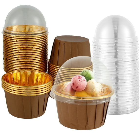 Fznkrag Aluminum Foil Cupcake Liners with Lids, 50Pcs 5.5oz Round Cake Cups Ramekins Muffin Liners for Home Kitchen