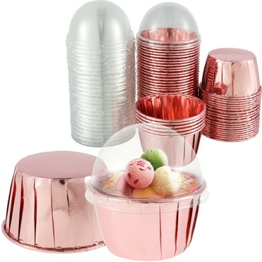 Pluokvzr Aluminum Foil Cupcake Liners with Lids, 50Pcs 5.5oz Round Cake Cups Ramekins Muffin Liners for Home Kitchen
