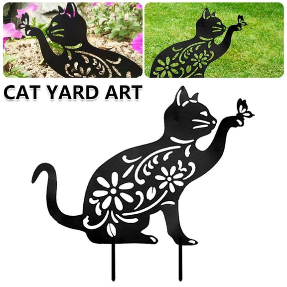 Fznkrag Black CAT Cat Silhouette - Garden Statues Decorative Metal Cat Silhouette Stakes Black Hollow Cat Sign Stakes Weatherproof Outdoor For Yard Decor Lawn