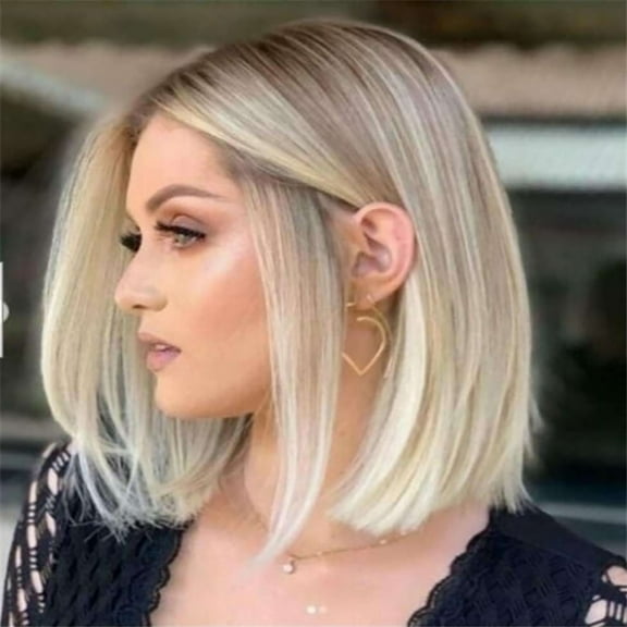 Pluokvzr Bob Wig Synthetic Short Straight Bob Wigs Human Hair Fake Hair Centre Parting Wig Hairpiece Shoulder Length Light Gold for Women Party/Daily Use 35cm