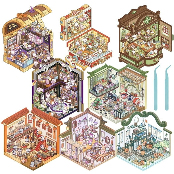 Tzgsonp 3D House Sticker Scene,8 Pcs Kawaii Stickers,DIY Miniature Scene Stickers,Brain Games Sticker by Number,Sticker Therapy for Relief Stress