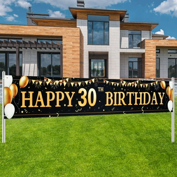 Pluokvzr Large Black Gold Happy Birthday Banner Birthday Party Black Gold Background Decoration Patio Party Signs Birthday Party Supplies for Outdoor Decorations Birthday Party Decorations