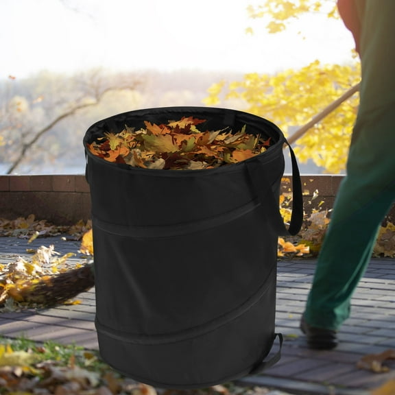 Pluokvzr Pop Up Waste Bin (13.60x15.75 in) 10 Gallon Waterproof Oxford Cloth Camping Garden Bag Portable Large Capacity Collapsible Trash Can with Handles Yard Waste Container for Outdoor (Black)