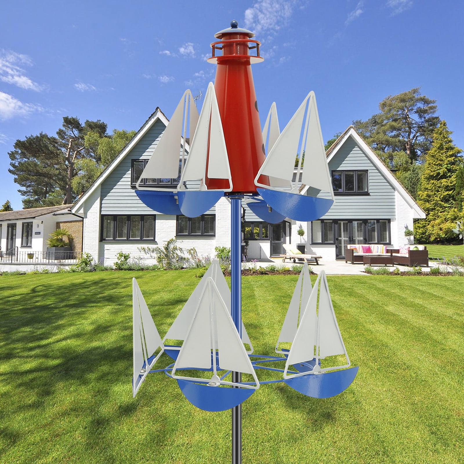 Pluokvzr Sailboat Windmill Décor Metal Lighthouse Sailing Wind Spinner